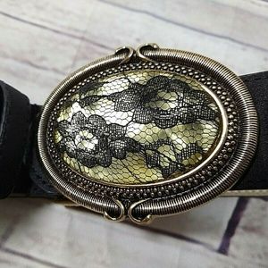 Chico's Black Belt Green Buckle Cloth Black Net